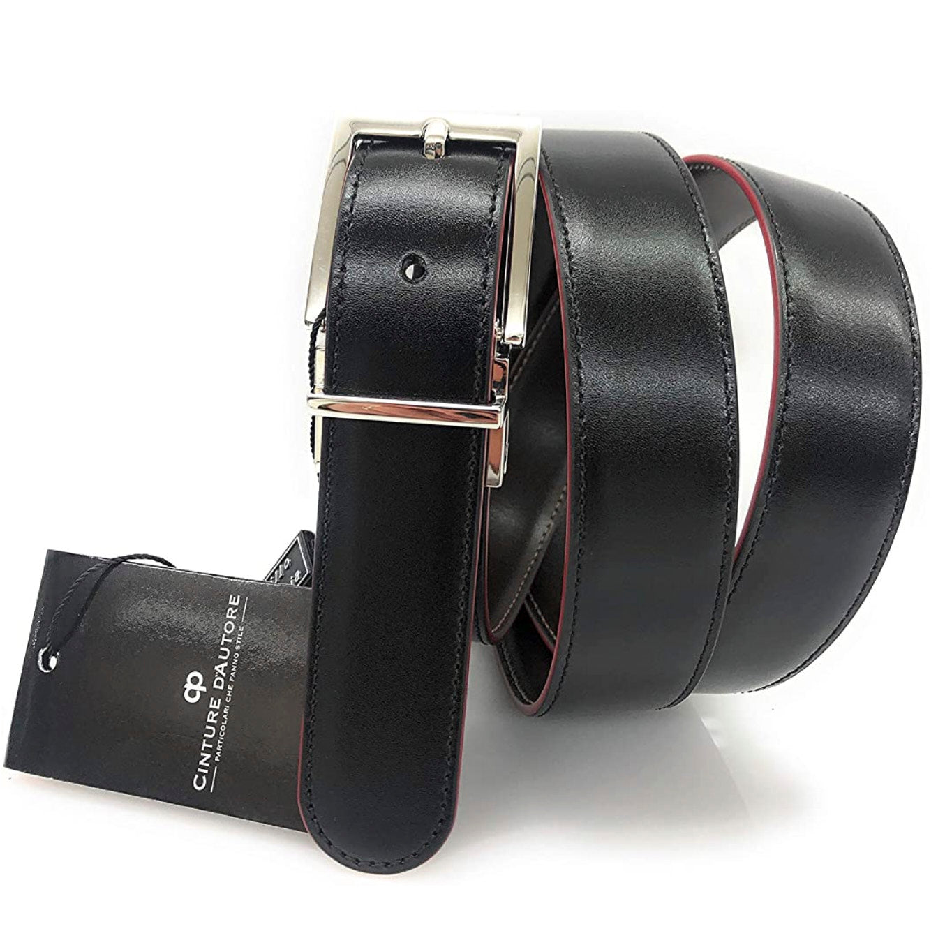 Cintura in vera pelle Reversibile Nero/ Moro con bordo rosso h30. Made in italy