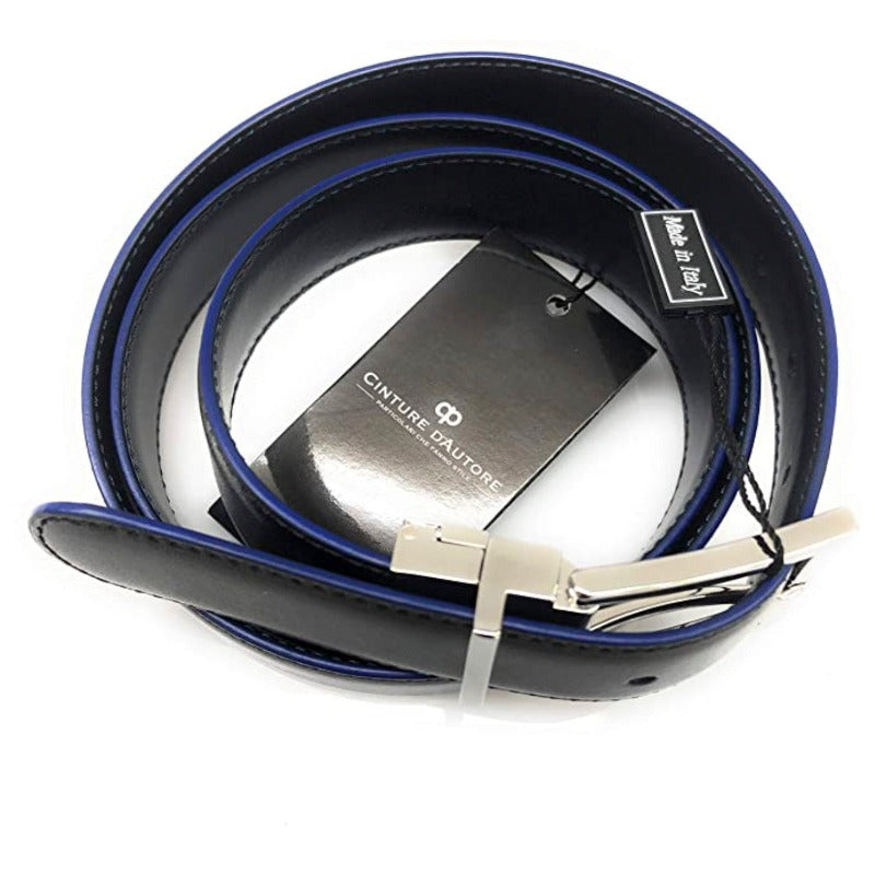 Cintura Reversibile in vera pelle Nero/Blu con bordo colorato in blu, H 30. Made in Italy