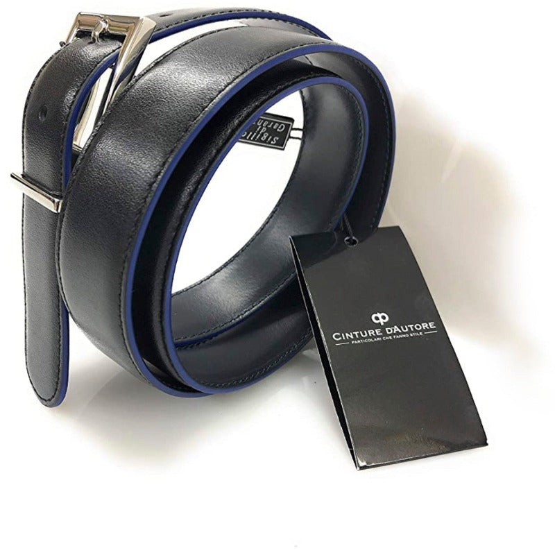Cintura Reversibile in vera pelle Nero/Blu con bordo colorato in blu, H 30. Made in Italy